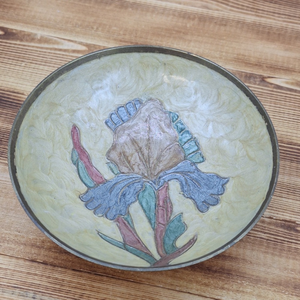 vintage brass decorative wall plate featuring a hand-painted enamel iris Design